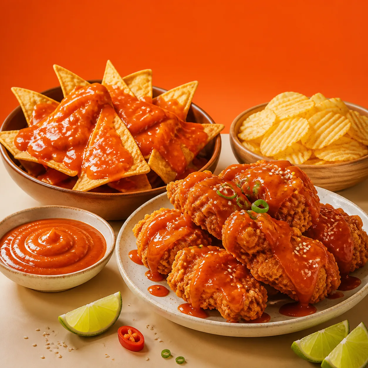 Nachos, pollo frito y papas con salsa coreana Original