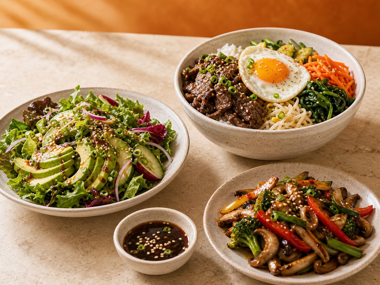 Arroz, verduras y ensalada para Salsa Coreana Soy Sauce
