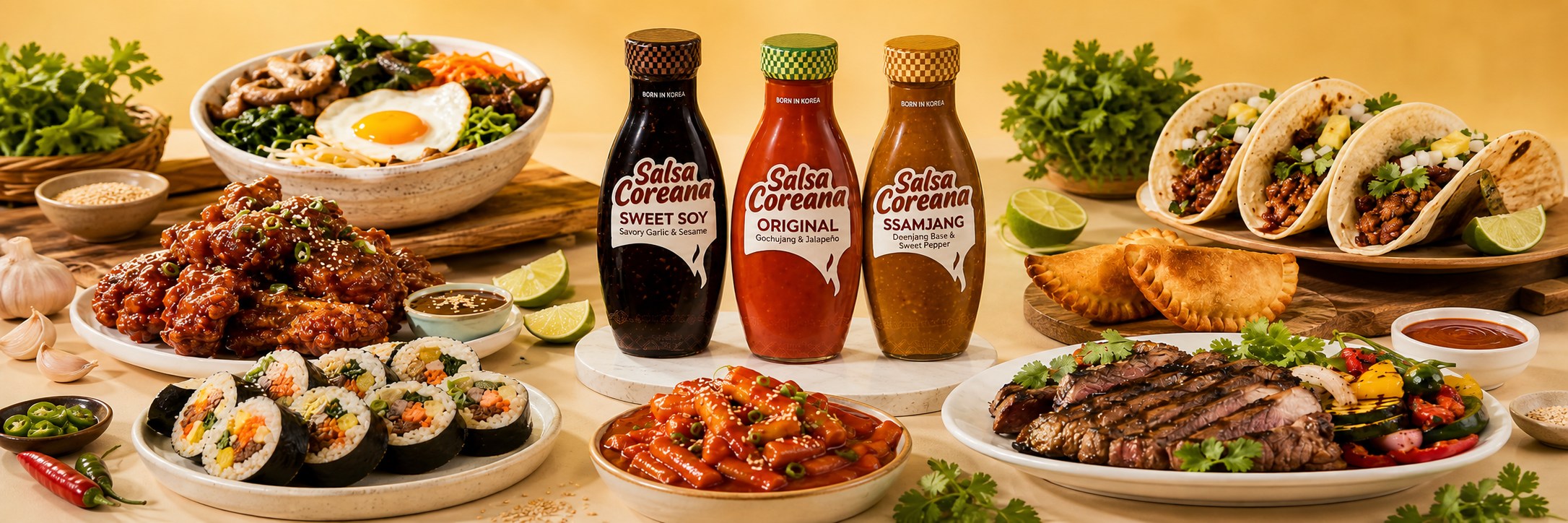 Línea Salsa Coreana de MOKDA con tacos, pollo y salsas